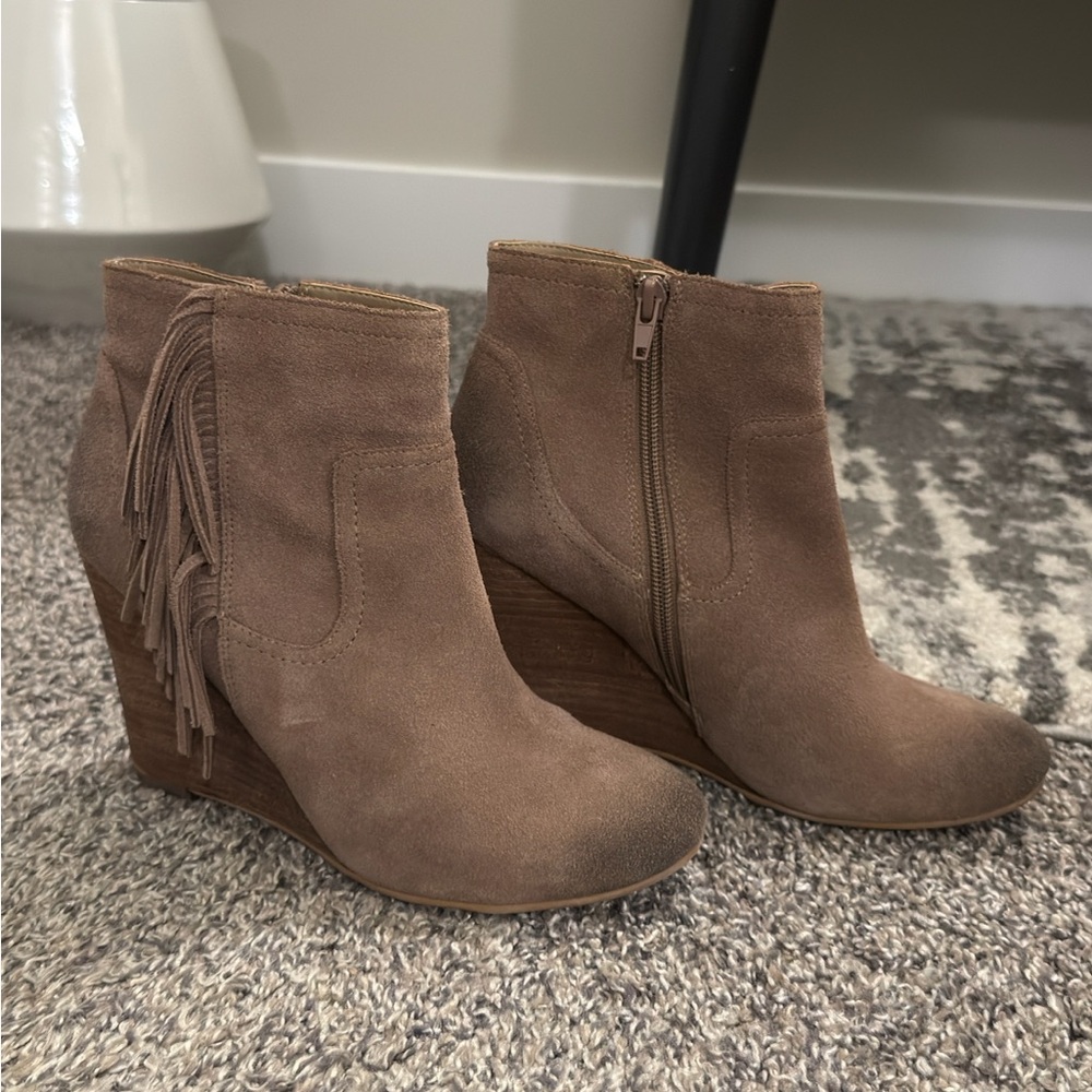Abound Tan Suede Fringe Wedge Booties